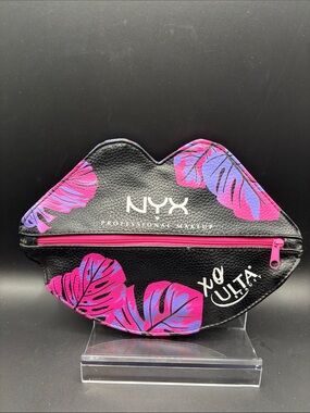 Ulta Beauty Lip-Shaped Cosmetic Pouch in Black with Pink & Purple Leaf Accents